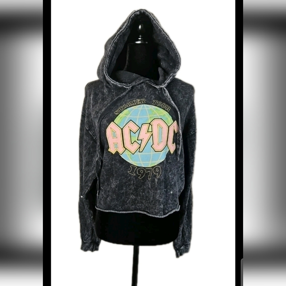 AC/DC Womens Black Stone Wash Summer Tour 1979 Cropped Band Sweatshirt L